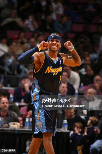 Allen Iverson of the Denver Nuggets reacts against the New Jersey Nets at the Continental Airlines Arena March 20, 2007 in East Rutherford, New...
