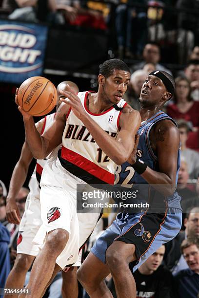 LaMarcus Aldridge of the Portland Trail Blazers looks for an opening around Andray Blatche of the Washington Wizards during a game on March 20, 2007...