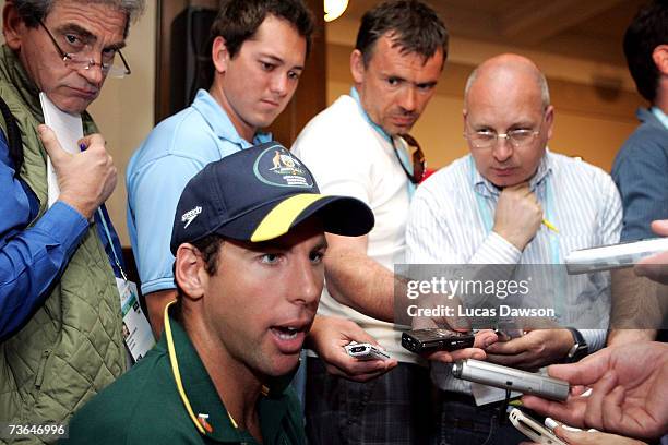 Swimmer Grant Hackett talks to the media during the Australian Swim Team press conference at the Melbourne Town Hall March 21, 2007 in Melbourne,...