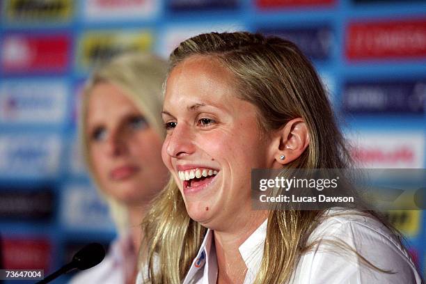 Swimmer Libby Lenton talks to the media during the Telstra Dolphins Australian Swim Team press conference at the Melbourne Town Hall March 21, 2007...