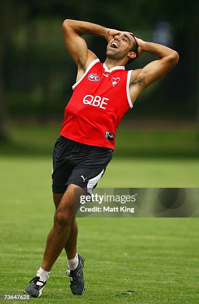 Adam Goodes has a laugh after a missed goal during a Sydney Swans AFL training session at Lakeside Oval March 21, 2007 in Sydney, Australia.