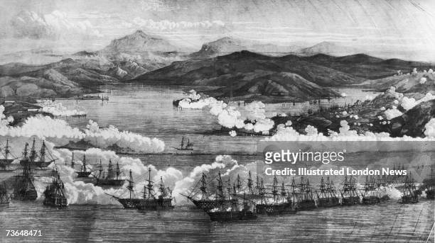 French and British warships of the Allied fleet begin their attack on the city of Sevastopol , the base of the Russian Tsar's Black Sea fleet, during...