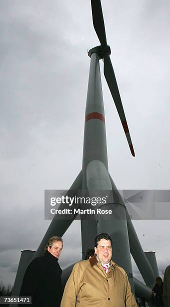 German Environment minister Sigmar Gabriel and Ingo de Buhr manager of multibrid engines attend the induction of Winguards off-shore windpark on...