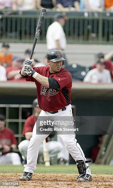 Humberto Quintero of the Houston Astros stands at bat against the Detroit Tigers during a Spring Training game at Osceola County Stadium March 2,...