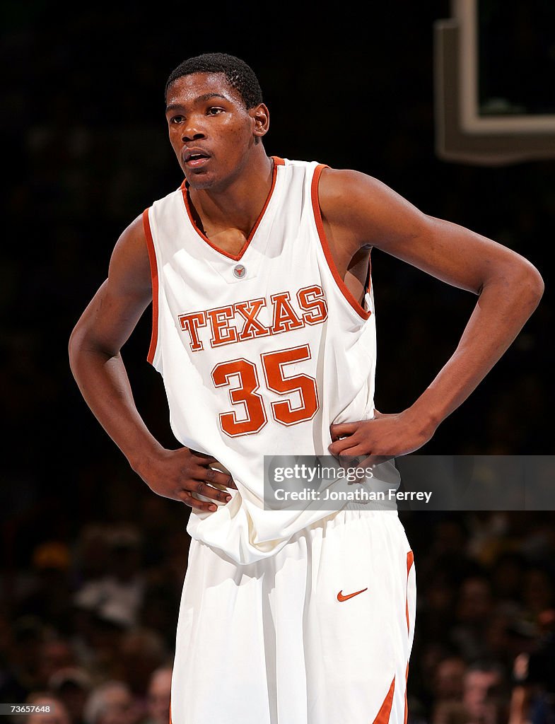 Kevin Durant of the Texas Longhorns looks on during a break in