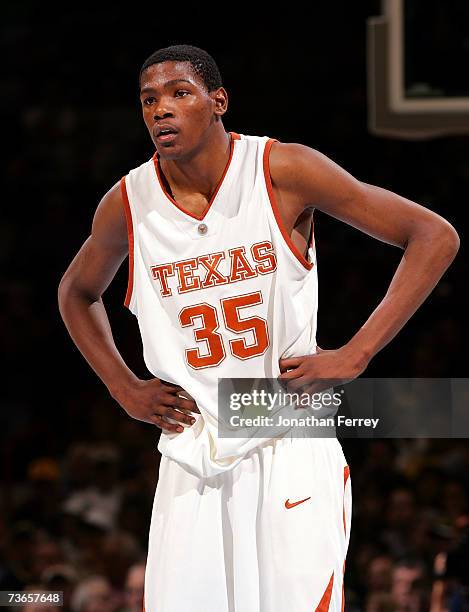 Kevin Durant of the Texas Longhorns looks on during a break in game action against the New Mexico State Aggies during the first round of the NCAA...