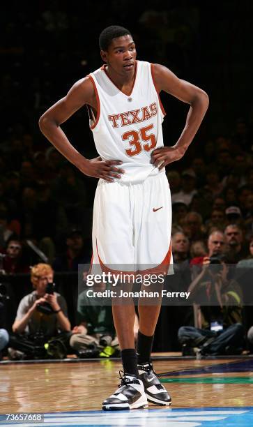 Kevin Durant of the Texas Longhorns looks on during a break in game action against the New Mexico State Aggies during the first round of the NCAA...