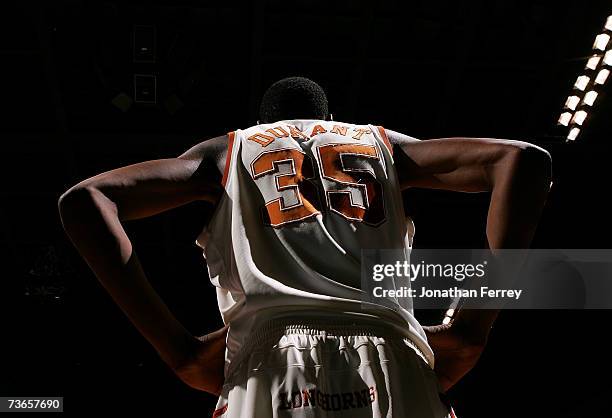 View of the back of Kevin Durant of the Texas Longhorns during the first round of the NCAA Men's Basketball Tournament against the New Mexico State...