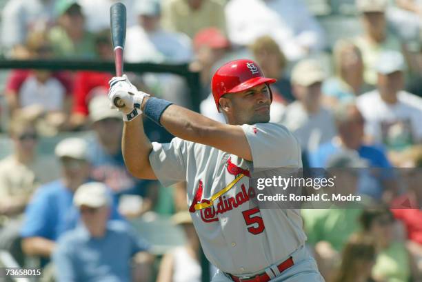 Albert Pujols of the St. Louis Cardinals batting in a game against the Minnesota Twins on March 13, 2007 in Ft. Meyers, Florida.