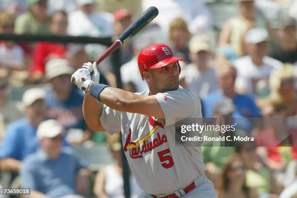 Albert Pujols of the St. Louis Cardinals batting in a game against the Minnesota Twins on March 13, 2007 in Ft. Meyers, Florida.