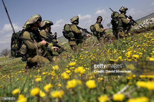 Israeli infantry troops from the elite reconnaissance battalion of the Israeli army's Nahal brigade takes cover amongst a field of spring flowers...