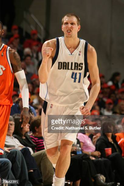 Dirk Nowitzki of the Dallas Mavericks reacts after making a shot against the Cleveland Cavaliers on March 21, 2007 at the Quicken Loans Arena in...