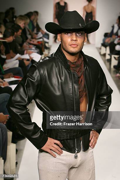 Model walks the runway at the Anthony Franco Fall 2007 fashion show during Mercedes Benz Fashion Week held at Smashbox Studios on March 21, 2007 in...