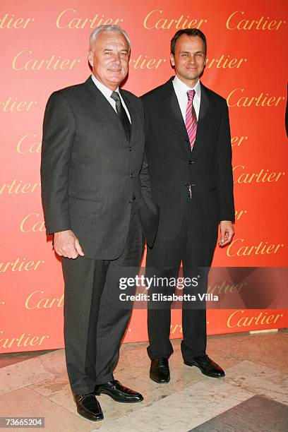 Cartier President Bernard Fornas and General manager of Cartier Italy Laurent Gaborit arrive to attend the Cartier Spring Party held at the Galleria...