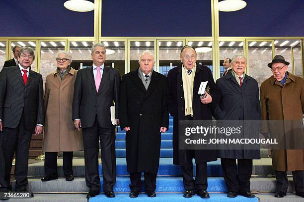 Former European Foreign ministers pose on the occasion of former German foreign minister Hans-Dietrich Genscher's 80th birthday, following a meeting...