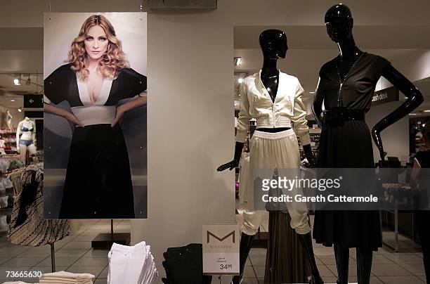 An image of Madonna is displayed at the H&M store in London's Oxford Circus during the launch of the clothing range M By Madonna on March 22, 2007 in...
