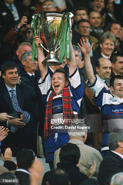 Bath captain Andy Nicol lifting the trophy after his team beat the holders Brive 19 -18 in the final of the Heineken Cup at the Lescure Stadium,...