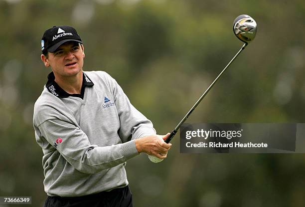 Paul Lawrie of Scotland tee's off at the 7th during the first round of the Madeira Islands Open BPI 2007 at Clube De Golf Santo Da Serra on March 22,...