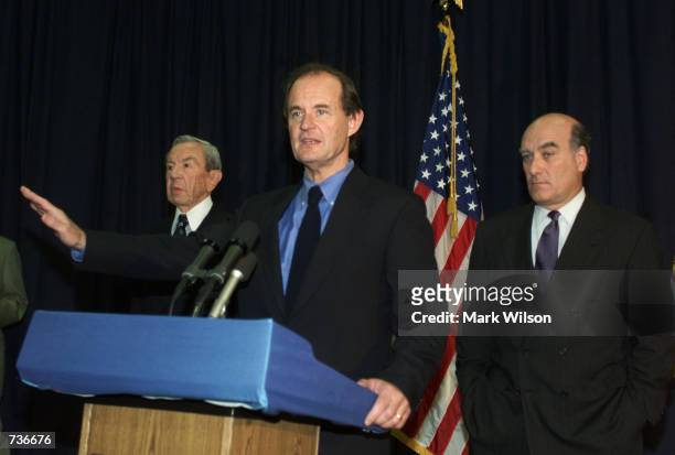 Gore campaign attorney David Boies flanked by Former Secretary of State Warren Cristopher and Wiilliam Daley make remarks to reporters at the Florida...