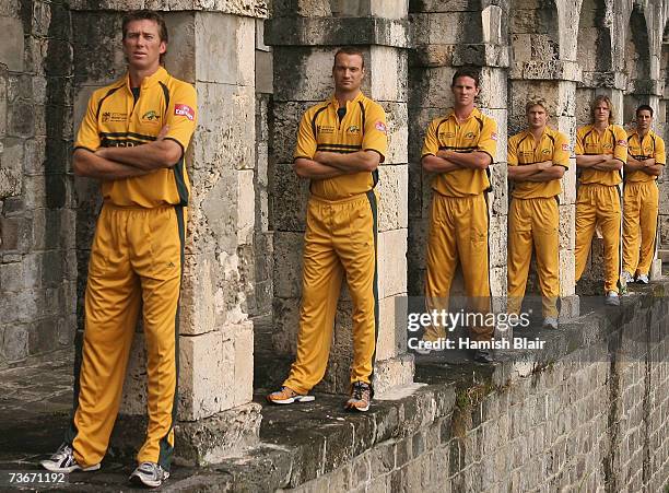 Glenn McGrath, Stuart Clark, Shaun Tait, Shane Watson, Nathan Bracken and Mitchell Johnson, Australia's fast bowlers pose amongst the ruins at the...