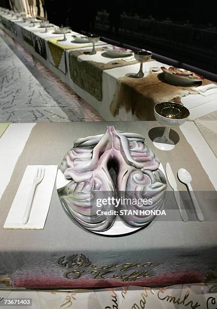 New York, UNITED STATES: Detail of "The Dinner Party" by American artist Judy Chicago, is shown on permanent display, 22 March 2007, in the newly...