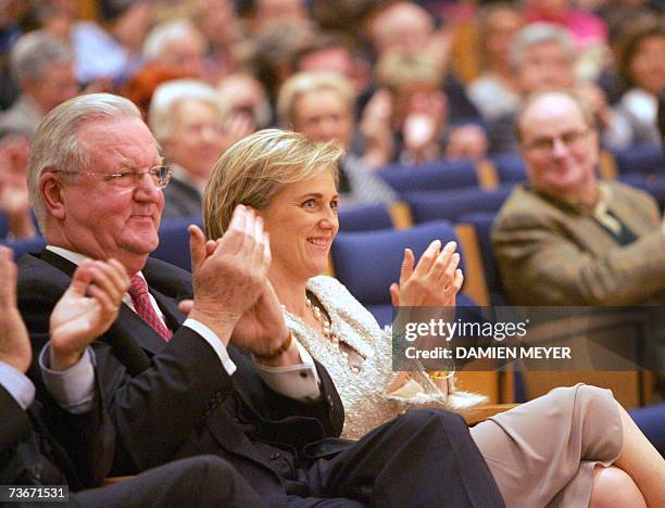 Princess Astrid of Belgium , and Thierry de Barsy, president of the Royal Academy of Medecine in Belgium, attends a lecture by Guy Orban, a professor...