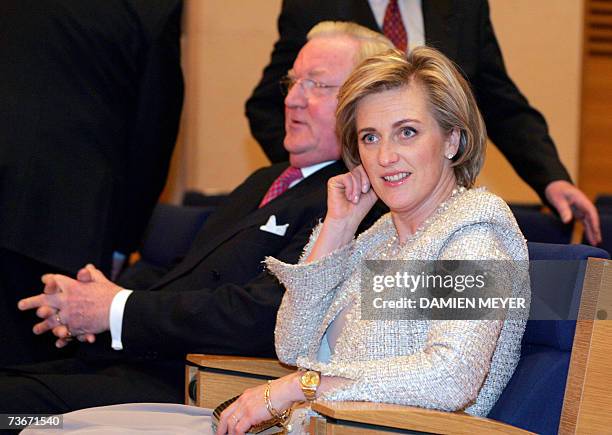 Princess Astrid of Belgium , and Thierry de Barsy, president of the Royal Academy of Medecine in Belgium, attends a lecture by Guy Orban, a professor...