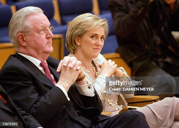 Princess Astrid of Belgium , and Thierry de Barsy, president of the Royal Academy of Medecine in Belgium, attends a lecture by Guy Orban, a professor...