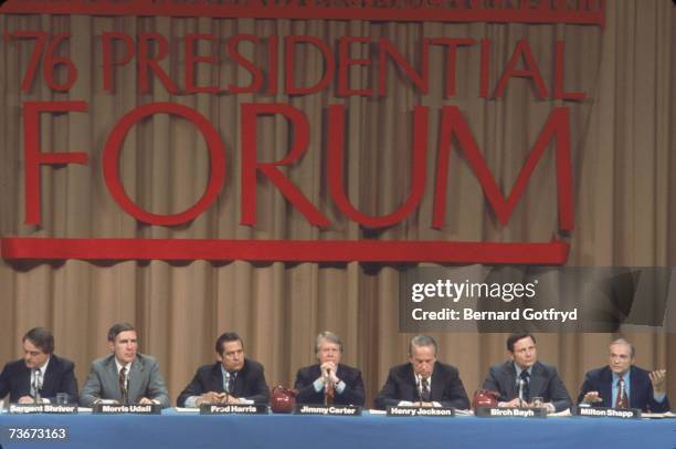 The democratic candidates for president answer questions during a primary debate, New Hampshire, 1976. Pictured are, from left, Sergent Shriver,...