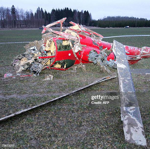 Picture taken 22 march 2007 shows the wreckage of a Eurocopter Gazelle helicopter that crashed during tests on a field outside Broby Gard, west of...