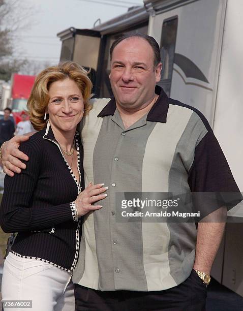Actor James Gandolfini and actress Edie Falco pose on site for the filming of the final episode of "The Sopranos" March 22, 2007 in Bloomfield, New...