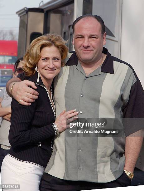Actor James Gandolfini and actress Edie Falco pose on site for the filming of the final episode of "The Sopranos" March 22, 2007 in Bloomfield, New...