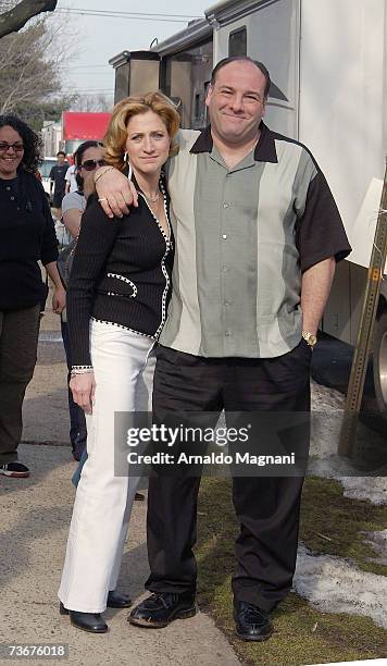 Actor James Gandolfini and actress Edie Falco pose on site for the filming of the final episode of "The Sopranos" March 22, 2007 in Bloomfield, New...
