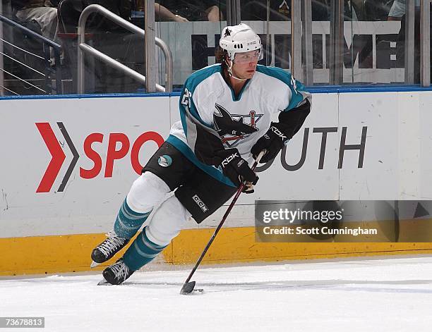 Steve Bernier of the San Jose Sharks carries the puck against the Atlanta Thrashers on March 22, 2007 at Philips Arena in Atlanta, Georgia. The...