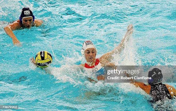 Iefke Van Belkum of Netherlands battles with the Kazakhstan defence in the Women's Preliminary Round Group C Water Polo match between Netherlands and...