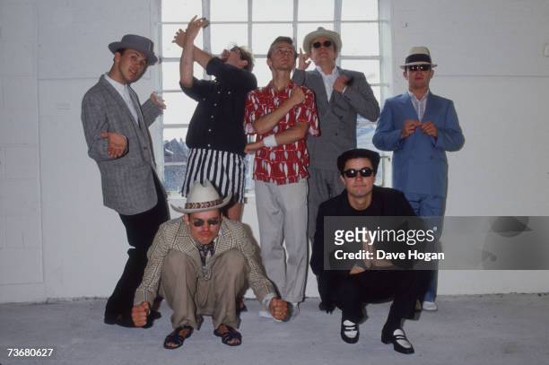 English pop ska band Madness with lead singer Suggs , 1983.