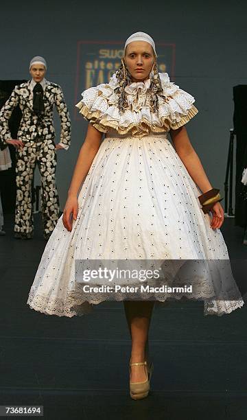 Model poses on the catwalk at a fashion show during the Swatch Alternative Fashion Week on March 23, 2007 in London, England. The Swatch Alternative...