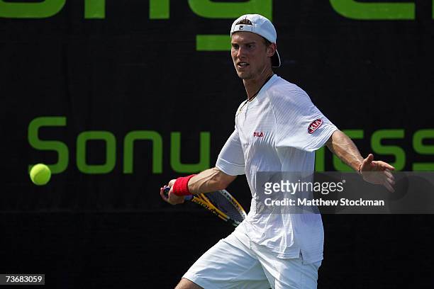 Andreas Seppi of Italy returns to Janko Tipsarevic of Serbia during day three at the 2007 Sony Ericsson Open at the Tennis Center at Crandon Park on...