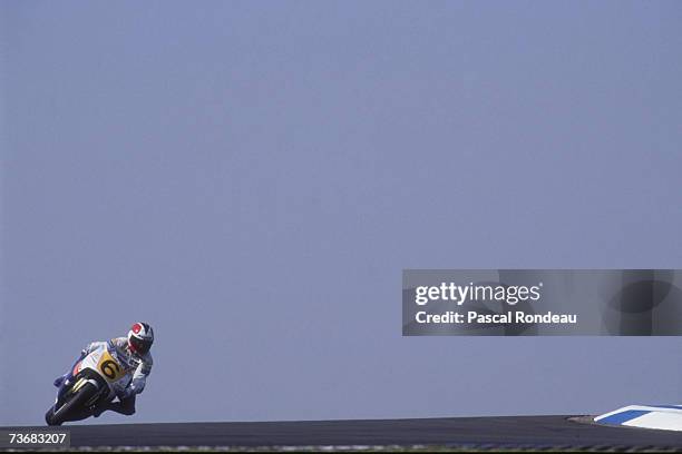 Spanish 250cc Motorcycle World Champion Alfonso 'Sito' Pons Ezquerra competing on a Honda at the 1990 British Grand Prix at Donington.
