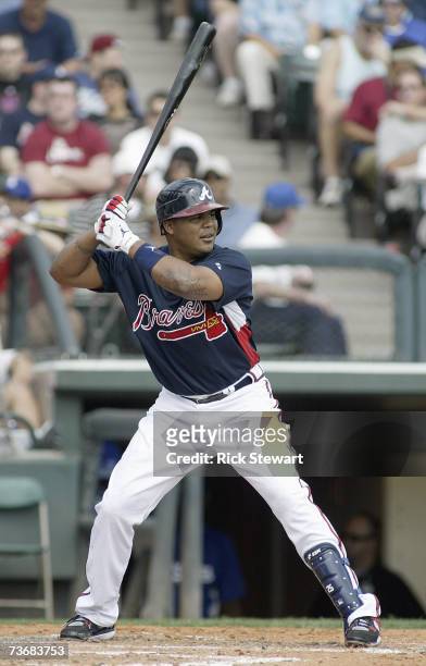 Andruw Jones of the Atlanta Braves stands at bat during a Spring Training game against the Los Angeles Dodgers on March 1,2007 at The Ballpark at...