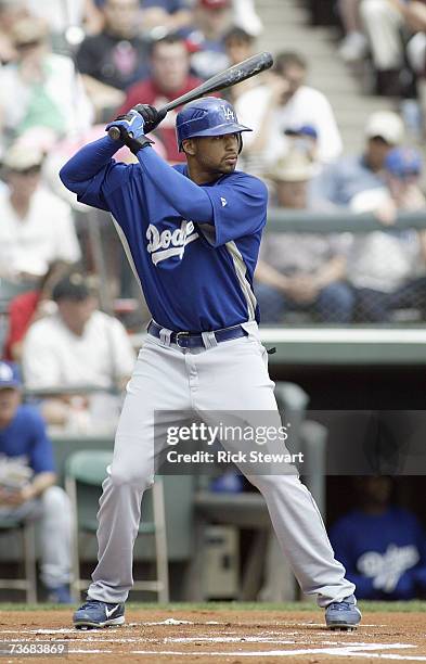 Matt Kemp of the Los Angeles Dodgers stands ready at bat against the Atlanta Braves during a Spring Training game on March 1, 2007 at The Ballpark at...