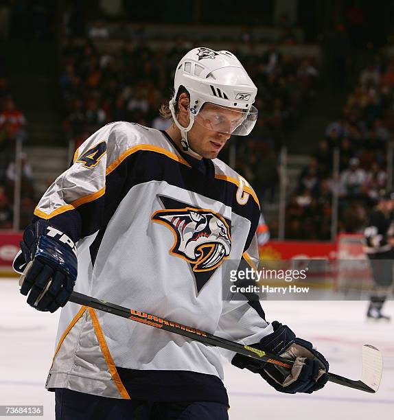 Kimmo Timonen of the Nashville Predators skates against the Anaheim Ducks at Honda Center on March 4, 2007 in Anaheim, California. The Ducks won 3-2...