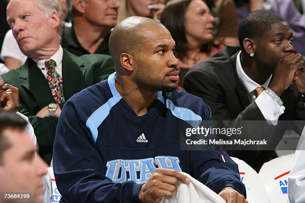 Derek Fisher of the Utah Jazz sits on the bench during the game against the New Orleans/Oklahoma City Hornets on March 10, 2007 at the...