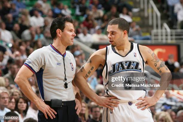 Deron Williams of the Utah Jazz talks with referee Mark Ayotte during the game against the New Orleans/Oklahoma City Hornets on March 10, 2007 at the...