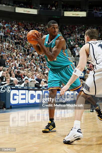 Desmond Mason of the New Orleans/Oklahoma City Hornets looks to move the ball against the Utah Jazz during the game on March 10, 2007 at the...