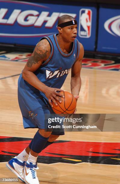 Caron Butler of the Washington Wizards pushes the ball up court during a game against the Atlanta Hawks at Philips Arena on March 7, 2007 in Atlanta,...