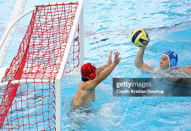 Vanja Udovicic of Serbia makes an attempt on goal during the Men's Preliminary Water Polo match between Japan and Serbia at the Melbourne Sports &...