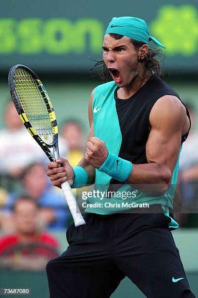 Rafael Nadal of Spain reacts after defeating Ricardo Mello of Brazil in the first set during day three at the 2007 Sony Ericsson Open at the Tennis...