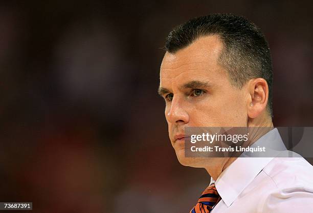 Head coach Billy Donovan of the Florida Gators looks on during their game against the Butler Bulldogs during the midwest regionals of the NCAA Men's...