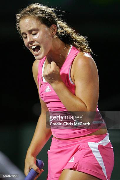 Michelle Larcher de Brito of Portugal reacts during her match against Daniela Hantuchova of Slovakia during day three at the 2007 Sony Ericsson Open...